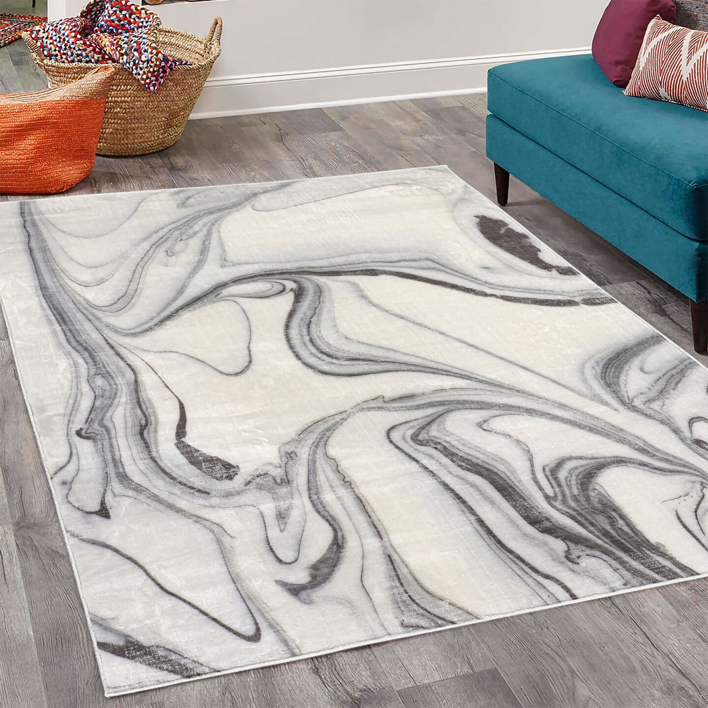 Ambesonne Marble Print Decorative Rug, Trippy Mix of Colors Unusual Forms Creative Paintbrush Style Image, Quality Carpet for Bedroom Dorm and Living Room, Black Pale Grey Dust