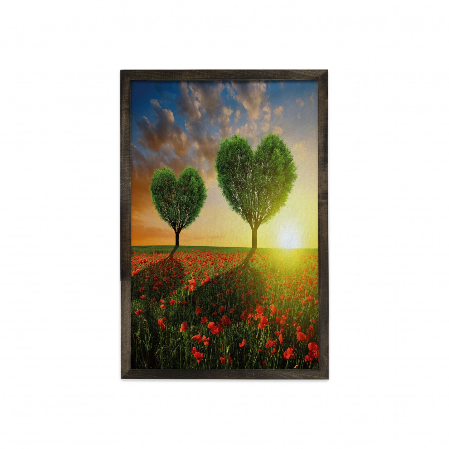 Ambesonne Valentine&#x27;s Day Framed Wall Art, Poppy Field Heart Shaped Trees Sunset Cloudy Sky Rural Romantic Meadow, Fabric Poster with Carbonized Tone Wood Frame Home Decor, 23&#x22; x 35&#x22;, Green Red Blue