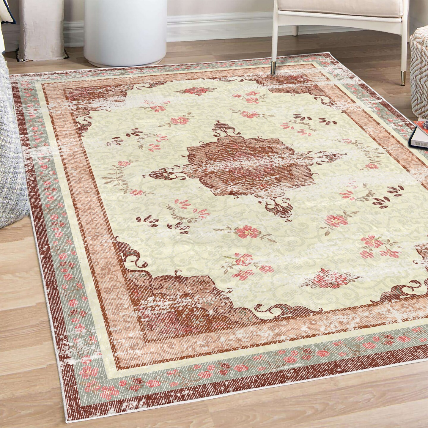 Ambesonne Vintage Decorative Rug, Minimal Flowers and Ethnic Damask Eastern Culture Weathered Effect Design Print, Quality Carpet for Bedroom Dorm and Living Room, Ivory and Rust
