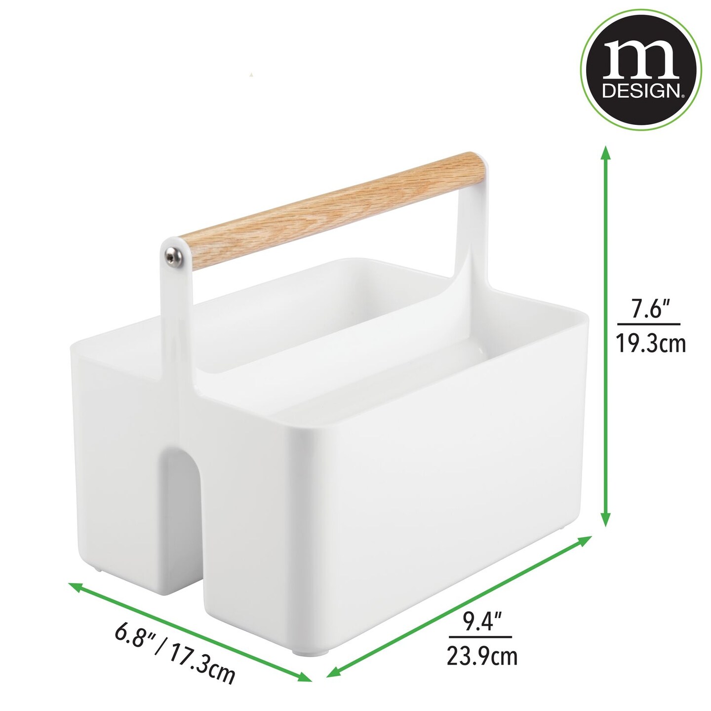 mDesign Plastic Tote, Divided Basket Bin with Wood Handle