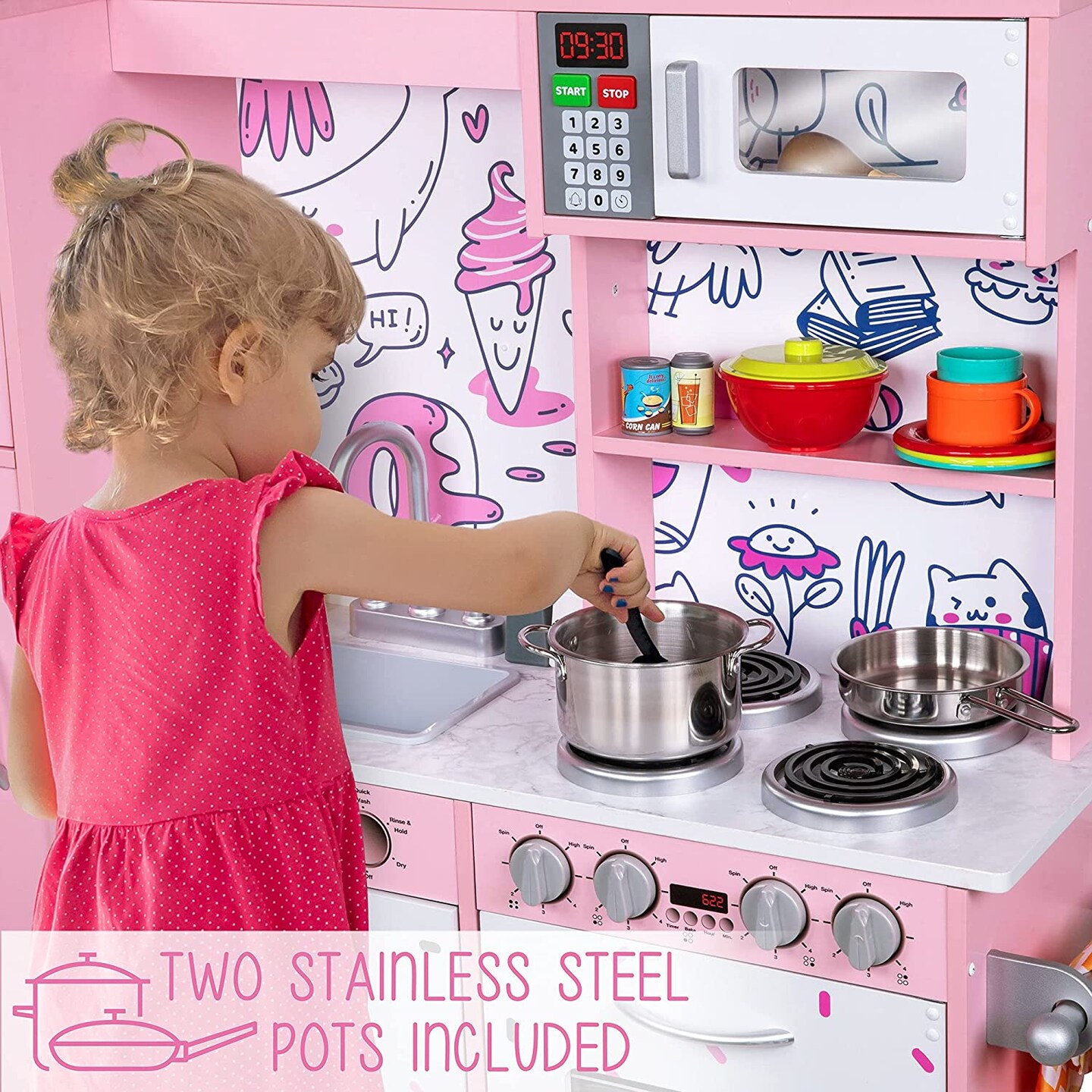 Lil' Jumbl Kids Kitchen Set, Toddler Pretend Wooden Kitchen Playset - Pink Emoji