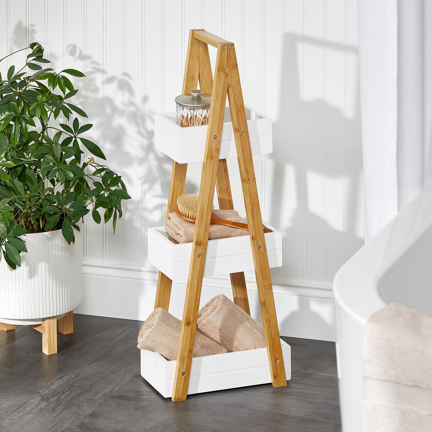 mDesign Leaning A-Frame Wood Bamboo 3-Tier Triangle Shelf for Bathroom