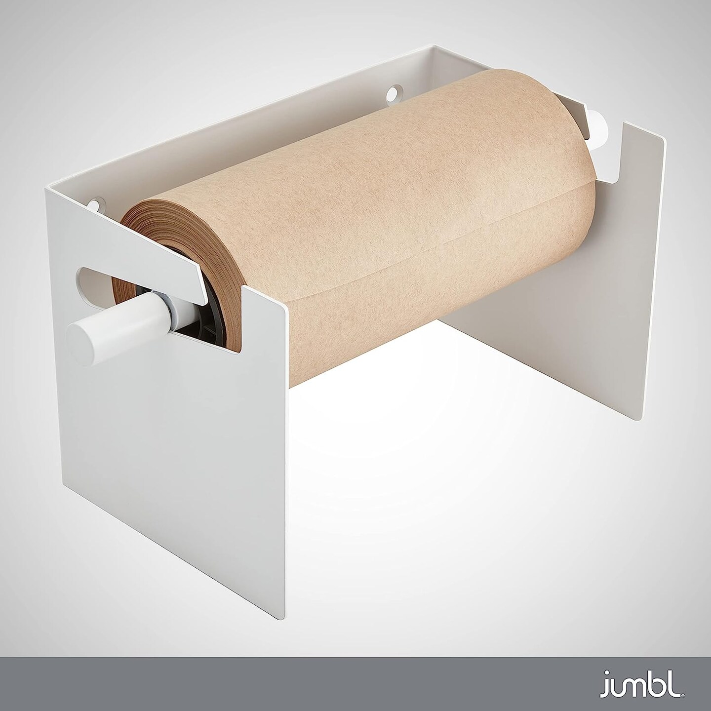 Jumbl Wall Mounted Kraft Paper Dispenser, Hanging Craft Paper Roll Holder with Paper Cutter (White)