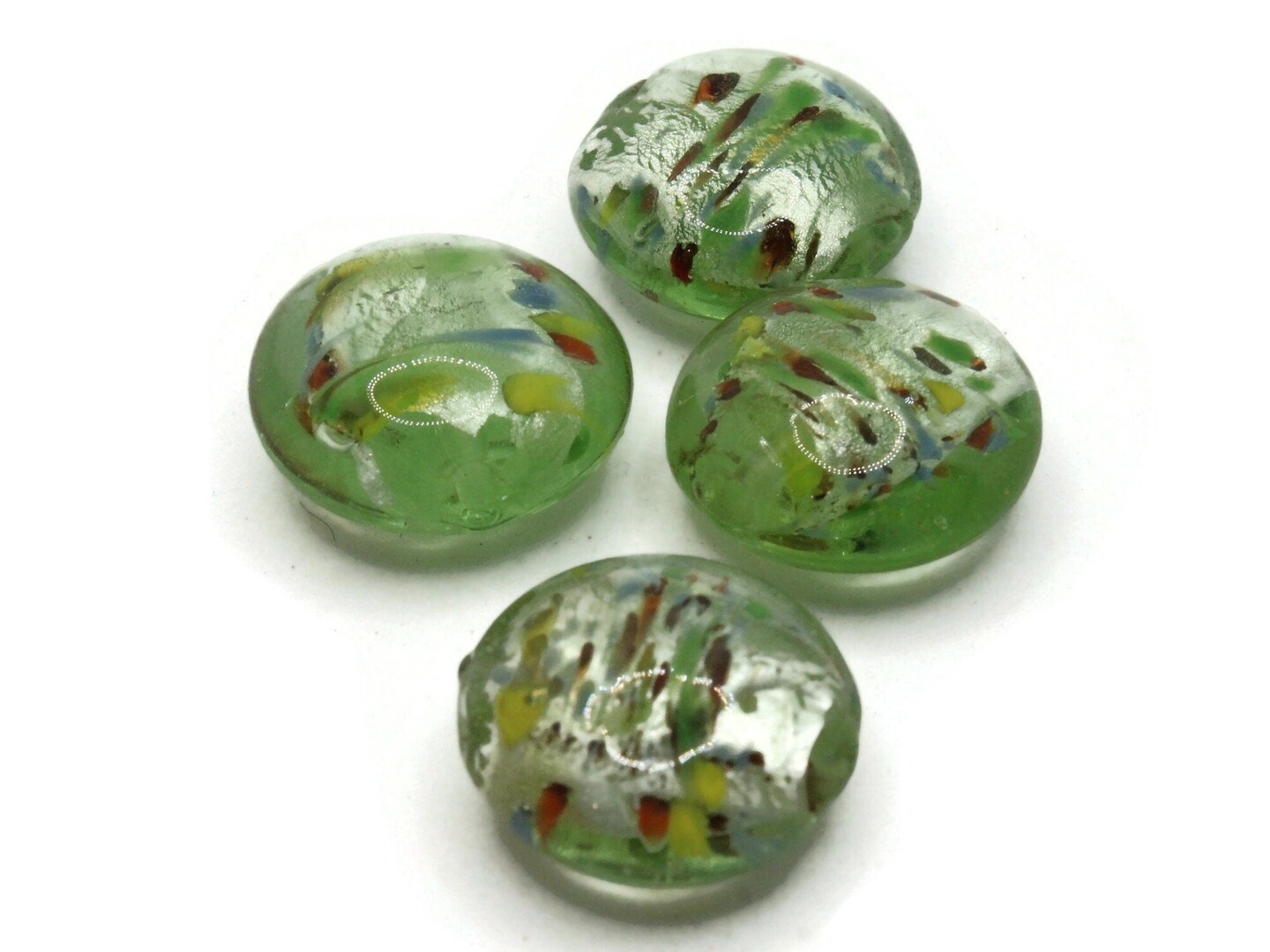 4 21mm Green Speckled Coin Flat Round Lampwork Glass Beads
