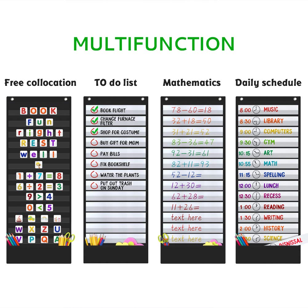 Daily Schedule Pocket Chart, 13+1 Pocket, Scheduling Pocket Chart, 18 Dry-Eraser Cards, Educational Charts for Classroom Office Home Preschool Activity (Black)