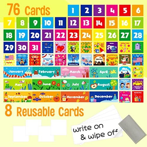 Calendar Pocket Chart Classroom Monthly Chart with 76 Cards 68 Illustrated Activity Cards 8 Dry Erase Blank Cards Plus 3 Over-Door Metal Hangers for Classroom Home or Preschool 20 x 19 Inches