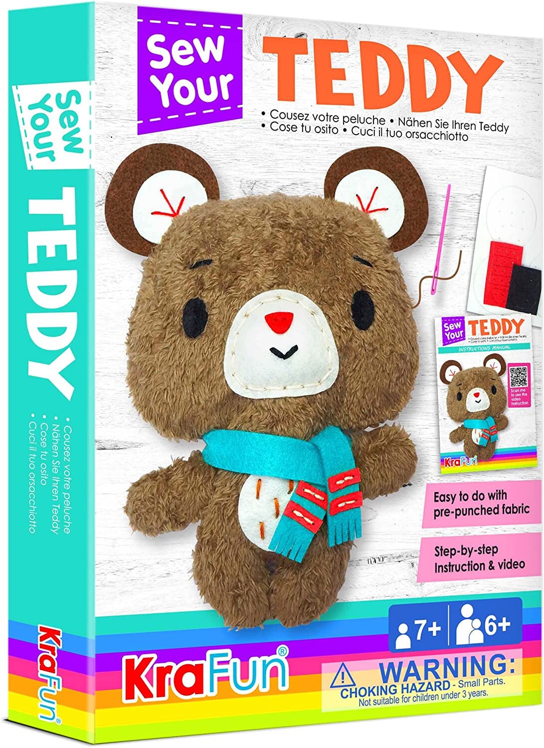 KRAFUN My First Sewing Animal for Kids, Beginner Art & Craft, Includes 5 Easy Activities Stuffed Stitch Animal Dolls, Keyring Charms, Instructions & Felt M