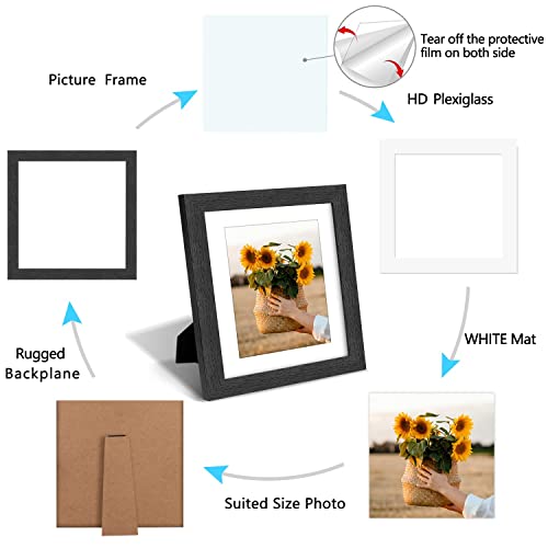 VMUZEDER 8x8 Picture Frame Rustic Black Wood Set of 6,Display Pictures 5x5 with Mat or 8x8 Without Mat,Multi Photo Frames Collage for Wall or Tabletop Display