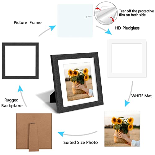 8x8 Picture Frame Rustic Black Wood Set of 6,Display Pictures 5x5 with Mat or 8x8 Without Mat,Multi Photo Frames Collage for Wall or Tabletop Display