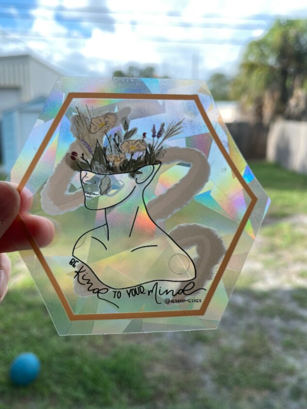 product name is Suncatcher decal, be kind to your mind, floral bust, flower child, rainbow maker, window cling, mental heath sticker