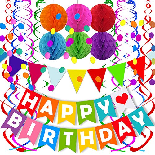 Colorful Happy Birthday Banner with Paper Triangle Flags, Bunting, Circle Confetti Dots, Hanging Garland, Honeycomb Balls, and Swirl Streamers for Birthday and Baby Shower Party Decorations