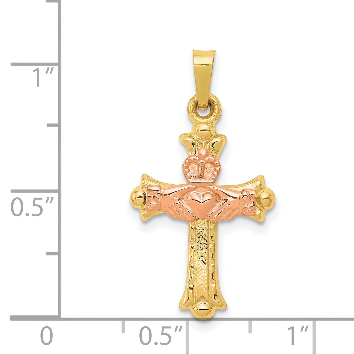 14K Two Tone Gold Claddagh Cross Pendant Charm Jewerly 28mm x 15mm
