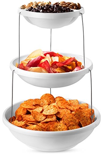 Collapsible Bowl, 3 Tier, The Decorative Plastic Bowls Twist Down & Fold Inside, Minimal Storage Space, Perfect for Serving Snacks, Salad and Fruit, The Top Bowl is Divided into Three Sections