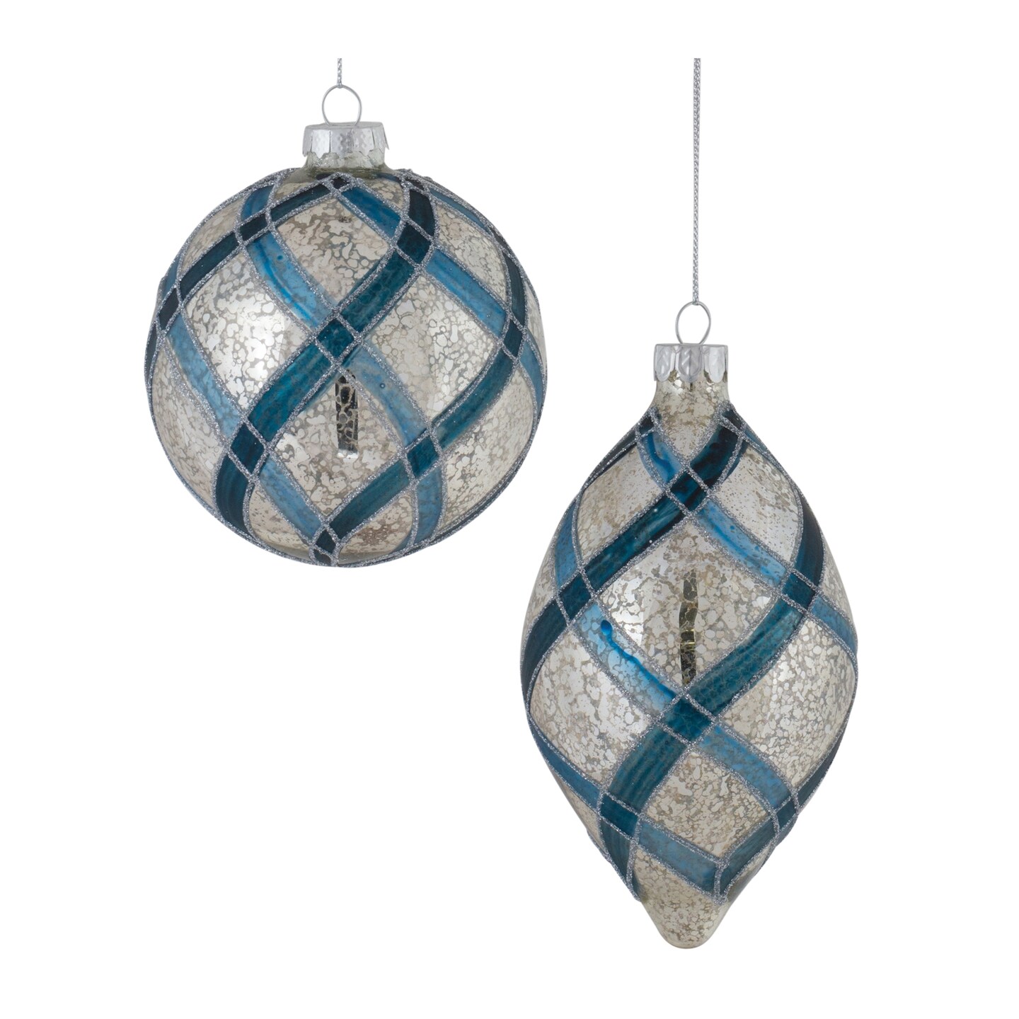Melrose Glittered Net Glass Christmas Ornaments - 6&#x22; (150mm) - Silver and Blue - 6ct