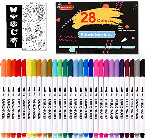 28-Color Fabric Markers Set - Permanent Markers for T-Shirts, Clothes, Sneakers, and Jeans, Includes 11 Stencils and 1 Fabric Sheet, Ideal for Kids and Adults Painting and Writing