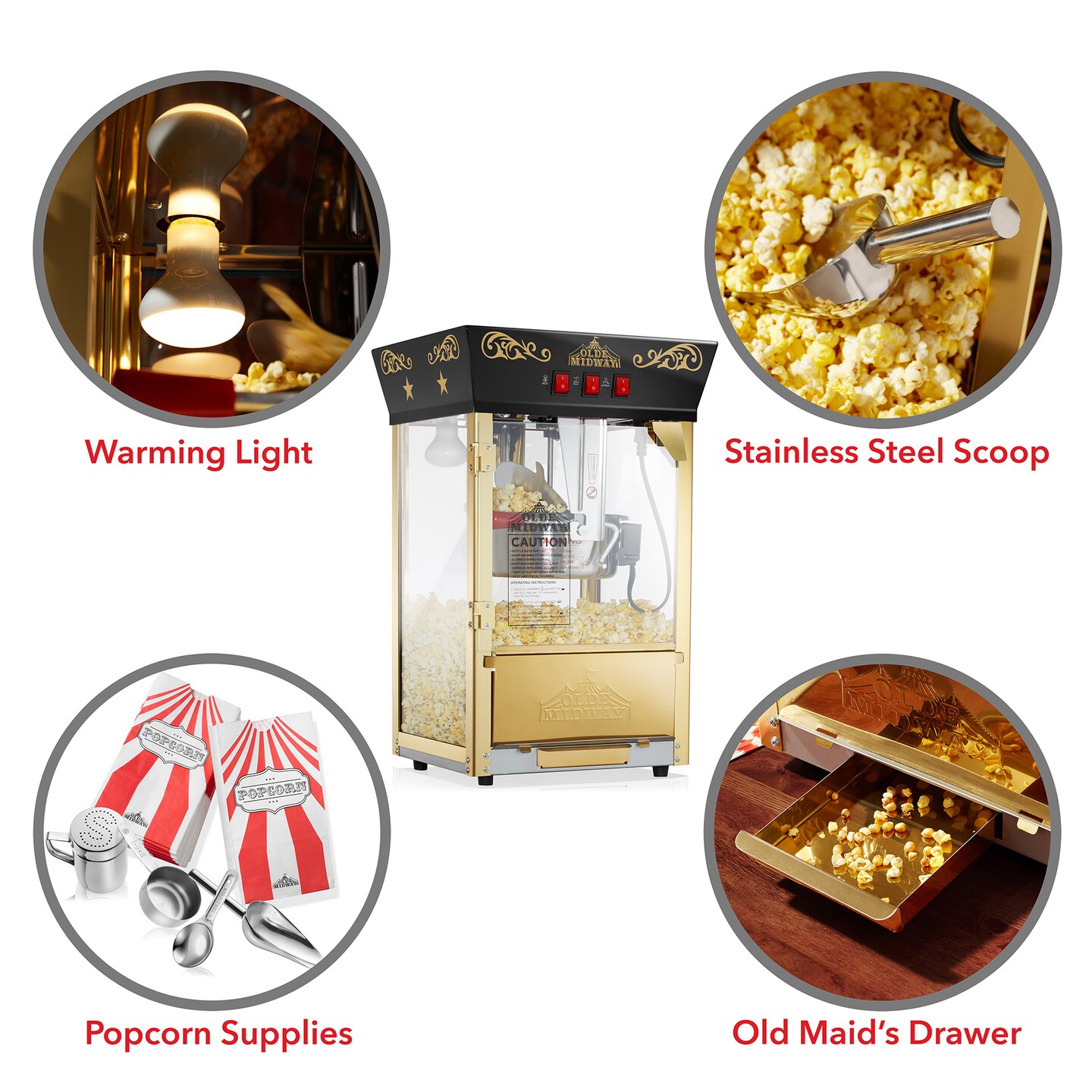 Olde Midway Movie Theater-Style Popcorn Machine Maker with 10-Ounce Kettle, Vintage-Style Countertop Popper