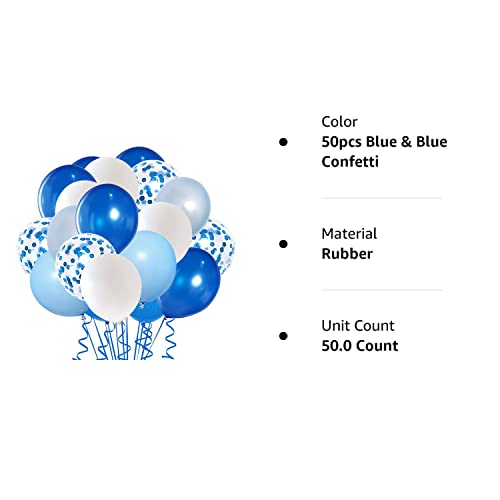 50pcs Royal Blue Confetti Latex Balloons - 12 Inch Light Blue, Baby Blue, and White Balloons for Birthday and Wedding Party Decoration