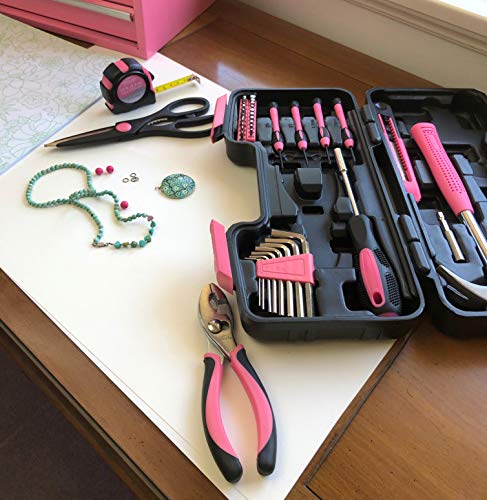 Tools Original 39 Piece General Household Tool Set in Toolbox Storage Case with Essential Hand Tools for Everyday Home Repairs, DIY and Crafts - Pink Ribbon - Pink - DT9706P