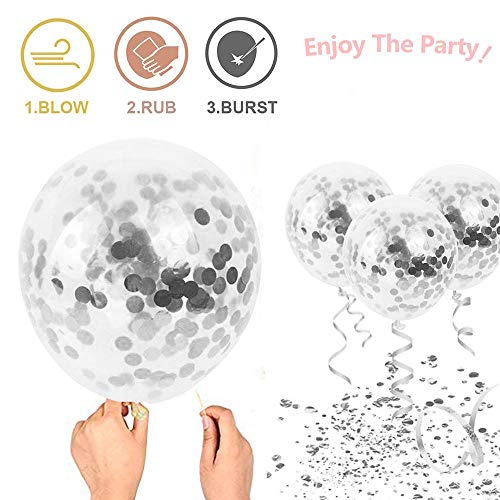 50 Pack 12 Inch White and Silver Confetti Latex Balloons - Silver Metallic Chrome Party Balloons with Silver Ribbon for Wedding, Birthday, and Baby Shower Decorations