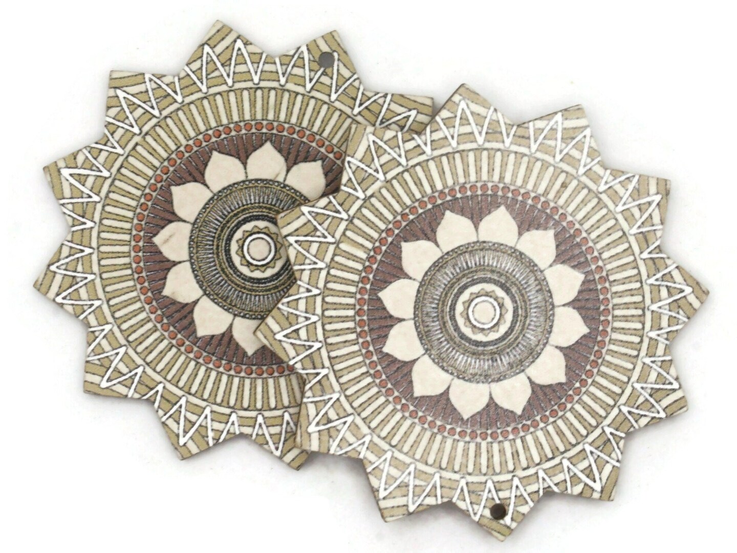 2 61mm White and Brown Printed Wood Flat Flower Pendants