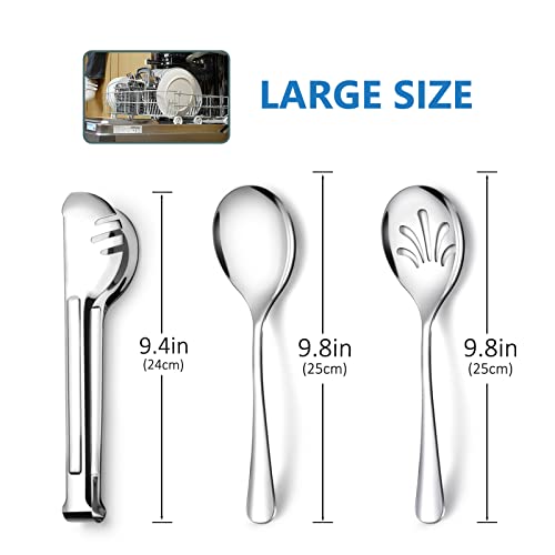 Stainless Steel Metal Serving Utensils - Large Set of 9-10 Serving Spoons,  10 Slotted Spoons, and 9 Serving Tongs by Teivio (Silver)