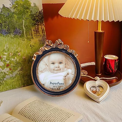 Kangce Vintage Picture Frames 3.5x3.5 Wallet Size Picture Round Picture Frames Small Black Gold Picture Frames Ornate Picture Frames Antique Wall Decor Table Top Easel with Embossed Bow and Beaded