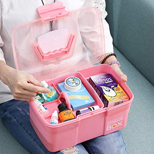 11'' Plastic Storage Box with Removable Tray, Multipurpose Organizer and Storage Case for Art Craft and Cosmetic (Pink)