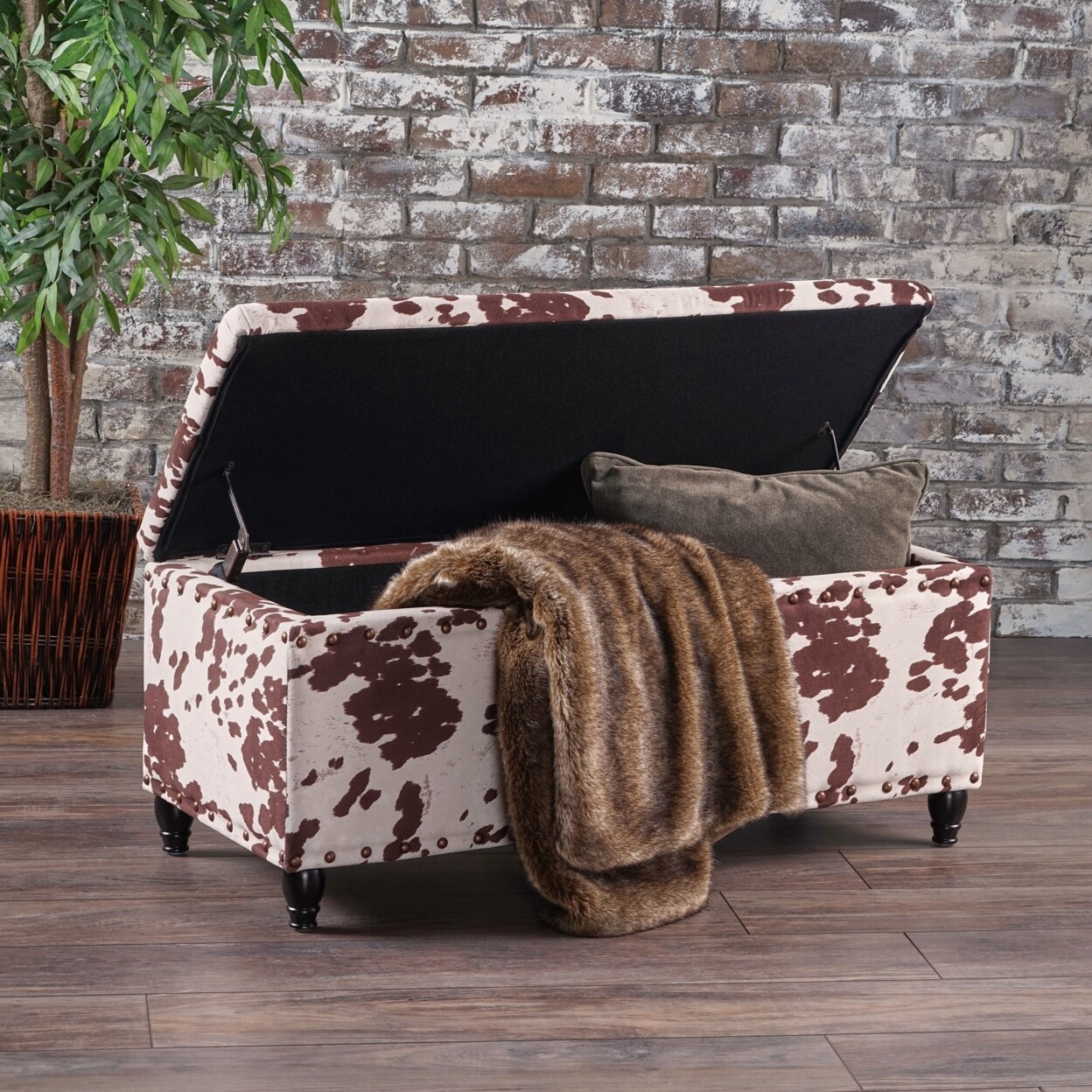 GDFStudio Talia Milk Cow  Velvet Storage Ottoman