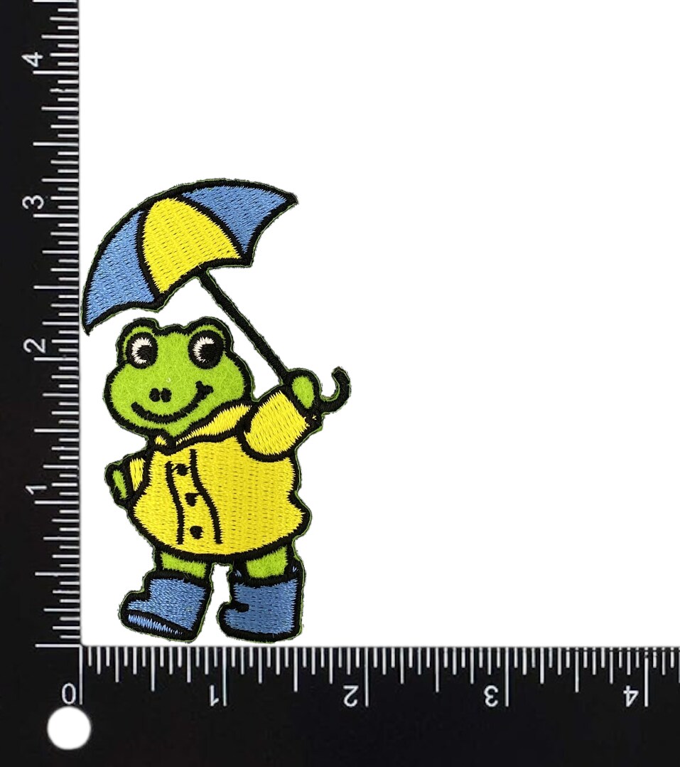 Rainy Day Frog Holding an Umbrella, Embroidered, Iron on Patch
