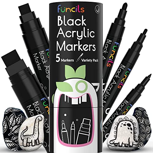Funcils 5 Acrylic Black Paint Pen - Fine Tip, Thin Point & Jumbo Pens (1mm,  3mm, 6mm, 10mm, 15mm) - Black Paint Marker for Plastic, Canvas, Wood, Rock  Painting, Fabric, Tire, Metal, Glass