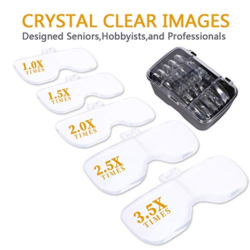 Hands Free Headband Magnifying Glass, USB Charging Head Magnifier with LED Light Jewelry Craft Watch Hobby 5 Lenses 1.0X 1.5X 2.0X 2.5X 3.5X (Upgraded Version)