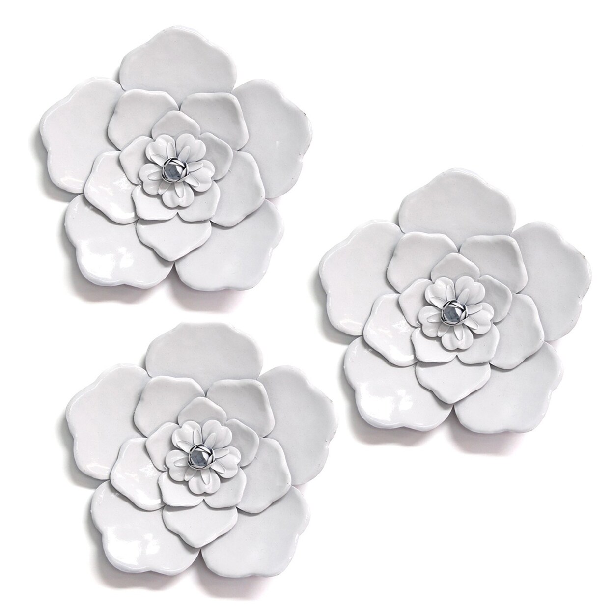 HomeRoots Home Decor Home Decor Set of Three Alluring White Metal Flowers Wall Art
