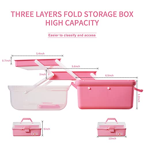 TERGOO 12in Three-Layer Multipurpose Storage Box Organizer Folding Tool Box/ Art & Crafts Case/Sewing Supplies Organizer/Medicine Box/Family First Aid  Box with 2 Trays (Pink)