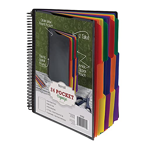 24 Pocket Spiral Project Organizer - Includes 12 Dividers, Customizable Front Cover, Erasable Write-On Tabs in Assorted Colors, and Plastic Folders with Pockets