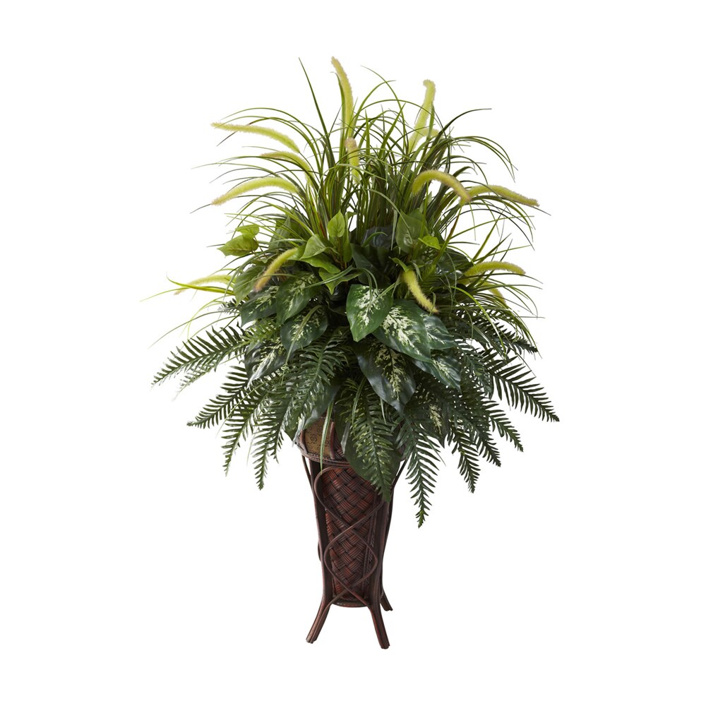 Nearly Natural Mixed Greens and Cattails with Stand Planter