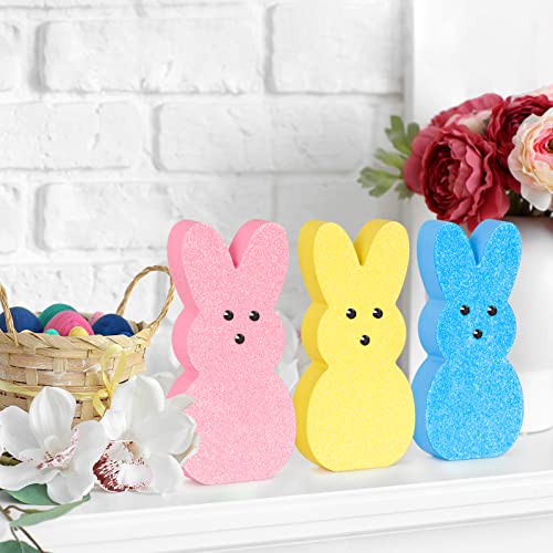 Easter Decor, 3 Pcs Glittery Easter Wooden Signs for Tiered Tray/Mantel/Table Decorations, Style of Peeps with 3D Eyes