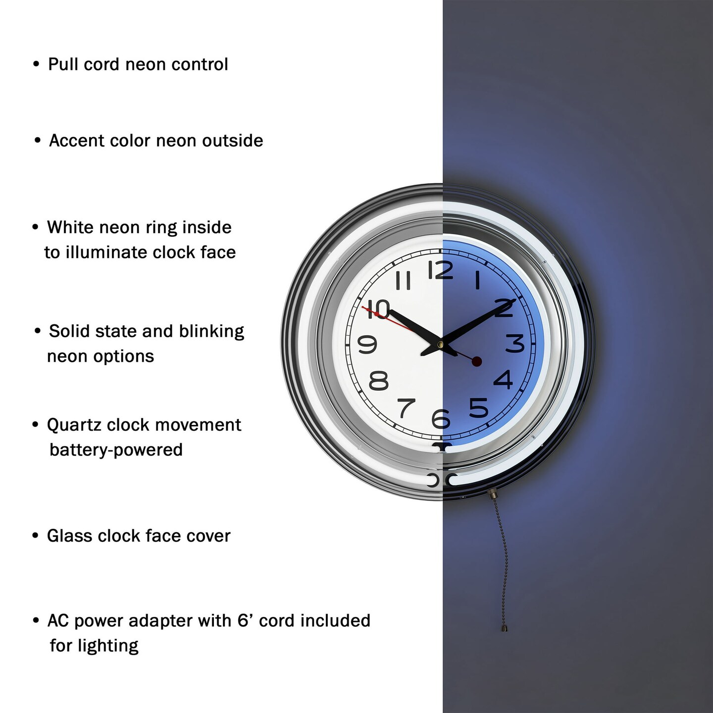 Retro Neon Wall Clock - 14&#x22; Round, Dual Light Ring, Dual Power Source, Analog Quartz Timepiece