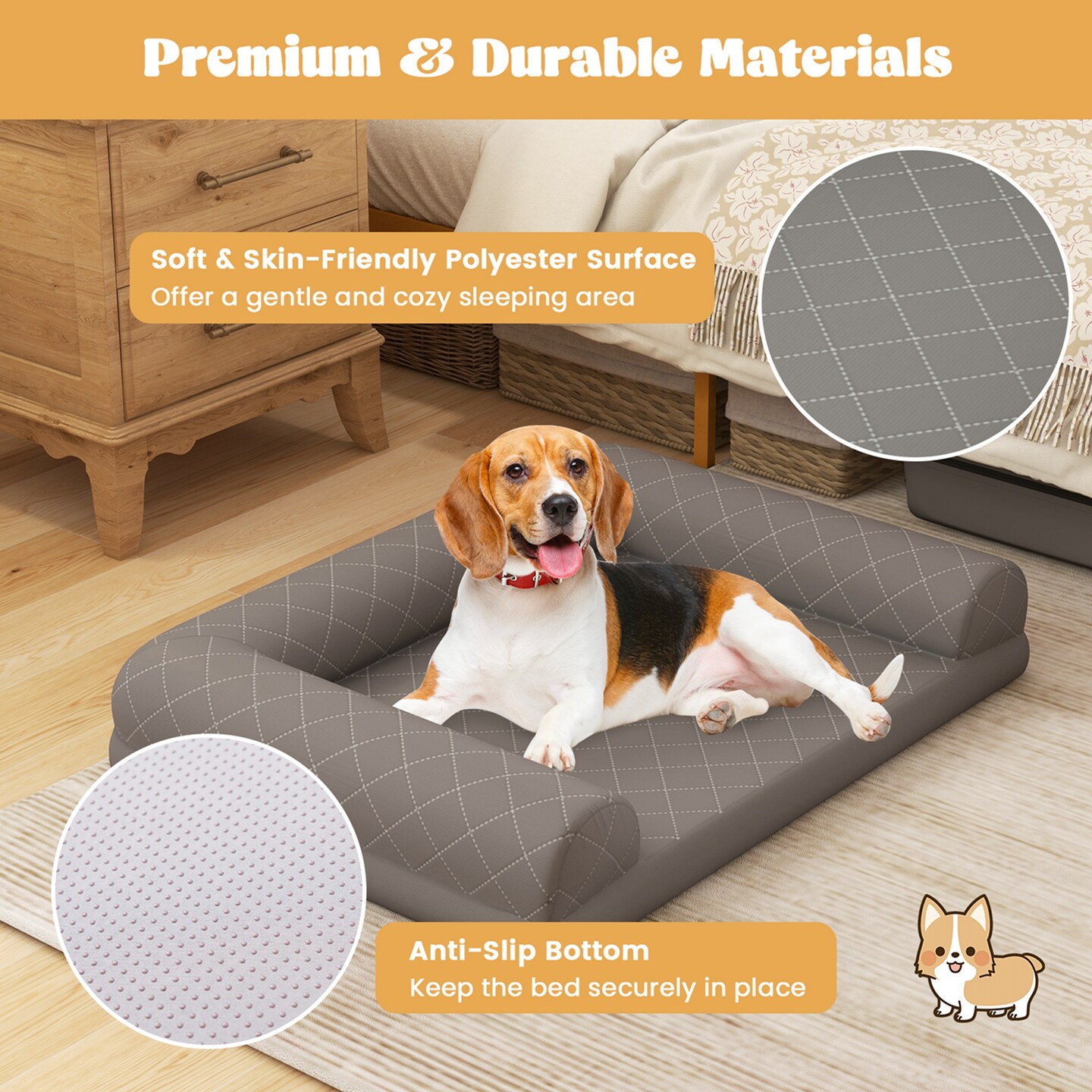 Costway Orthopedic Dog Bed Medium Small Dogs with 3-Side Bolster Non-Slip Bottom Zippers Beige/Grey