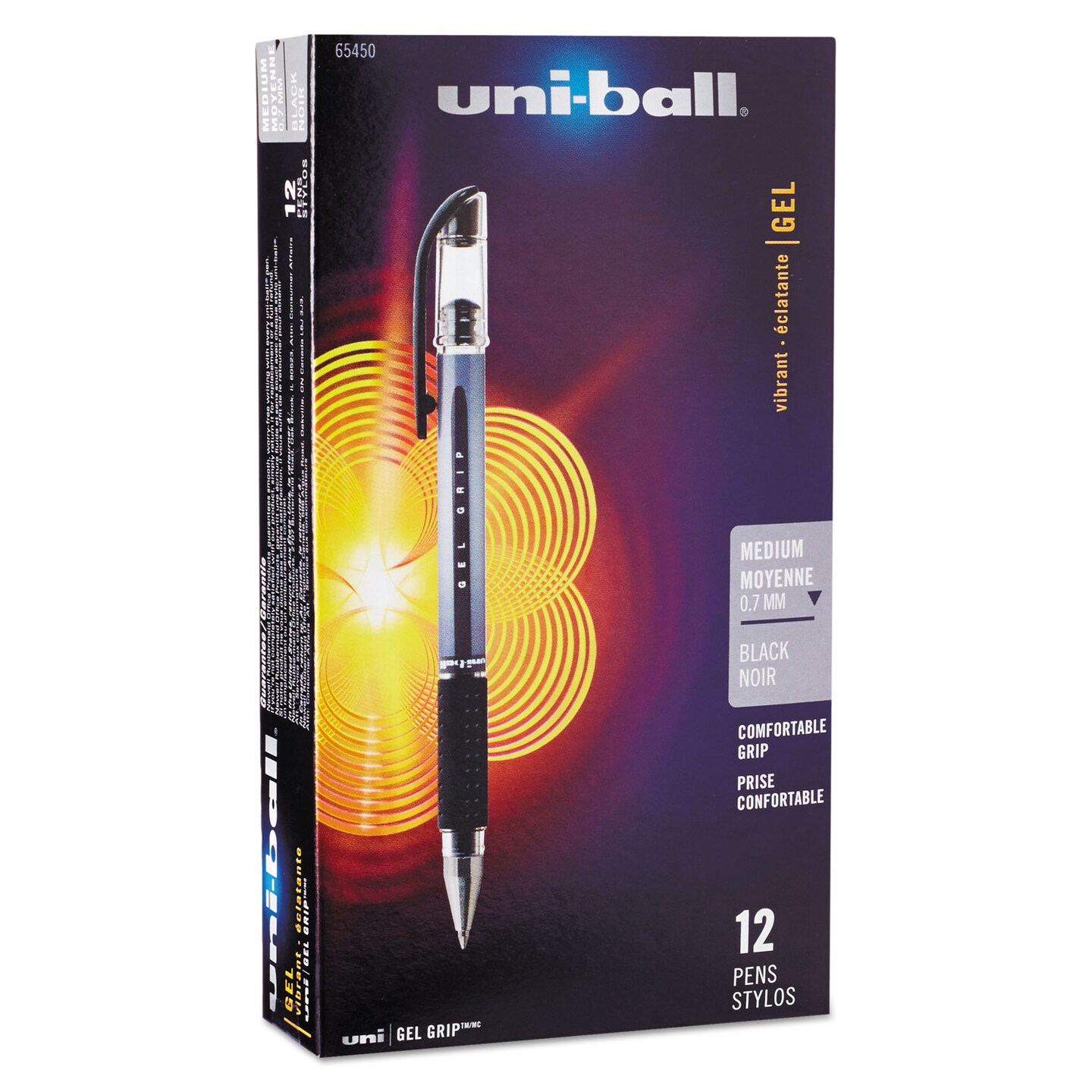 Uni-Ball Signo GRIP Stick Gel Pen, 0.7mm, Black Ink, Silver/Black Barrel, Dozen