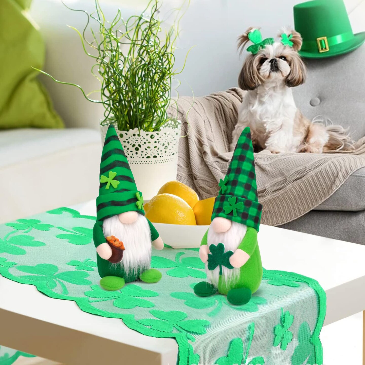 2 Pack Gnomes Plush Lucky Green Shamrock Home Table Decor Ornaments for Irish Saint Patrick&#x27;s Day