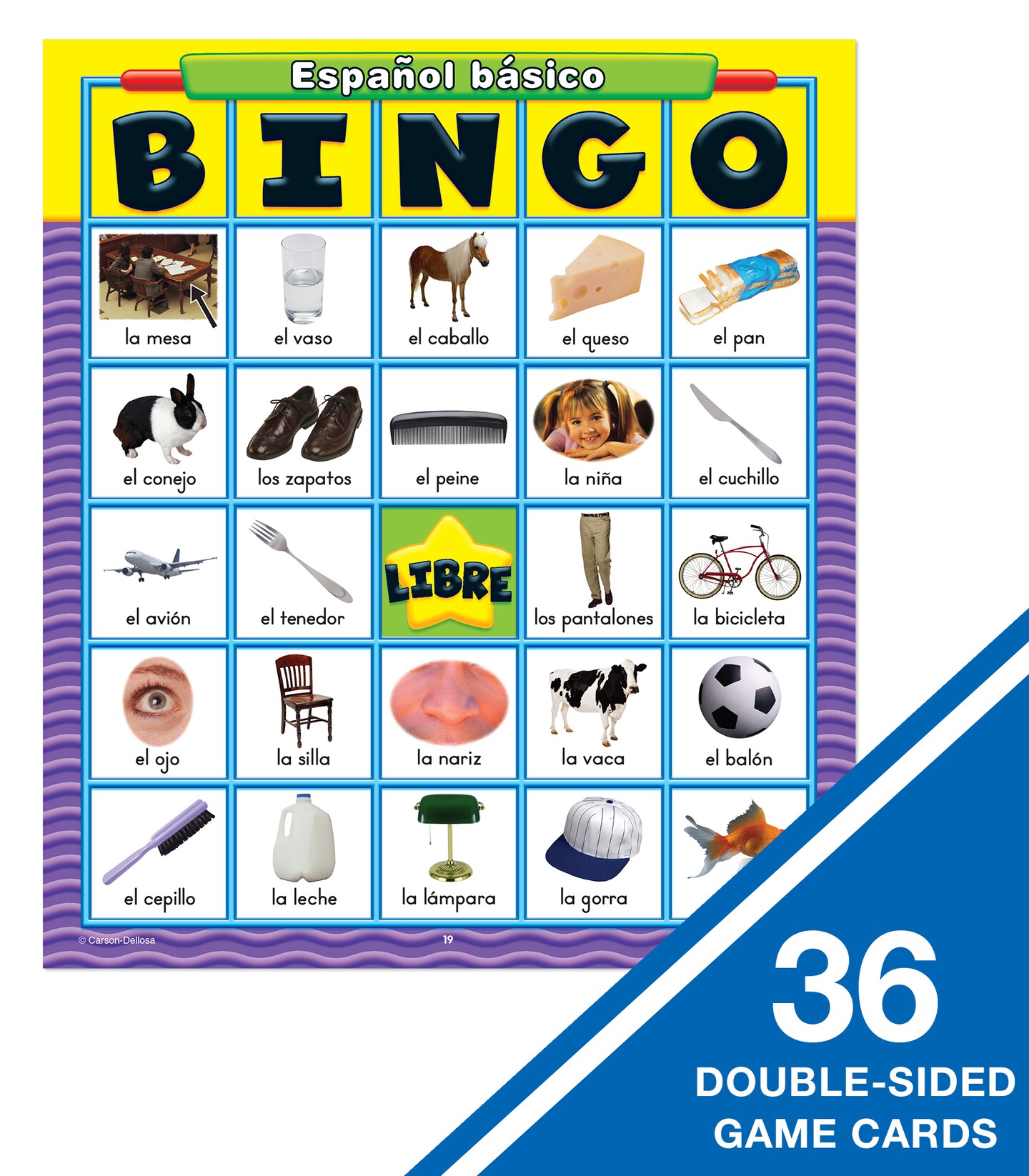 Carson Dellosa Basic Spanish Bingo Game—Learning Board Game With 50 Spanish Words With Photos, 36 Game Boards and Bingo Chips for 3-36 Players, Ages 4 and Up