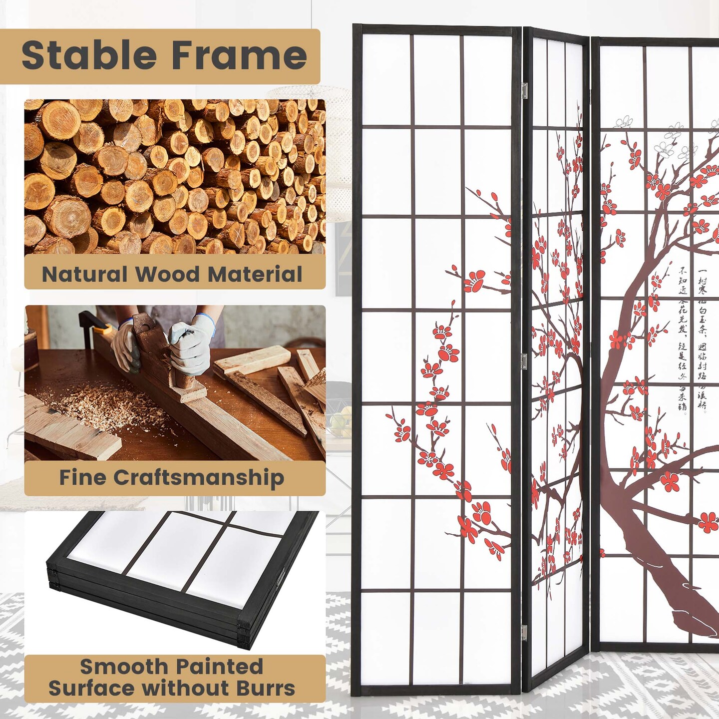 Costway 4-Panel Japanese Style Folding Room Divider with Elegant Plum Blossom Design Indoor