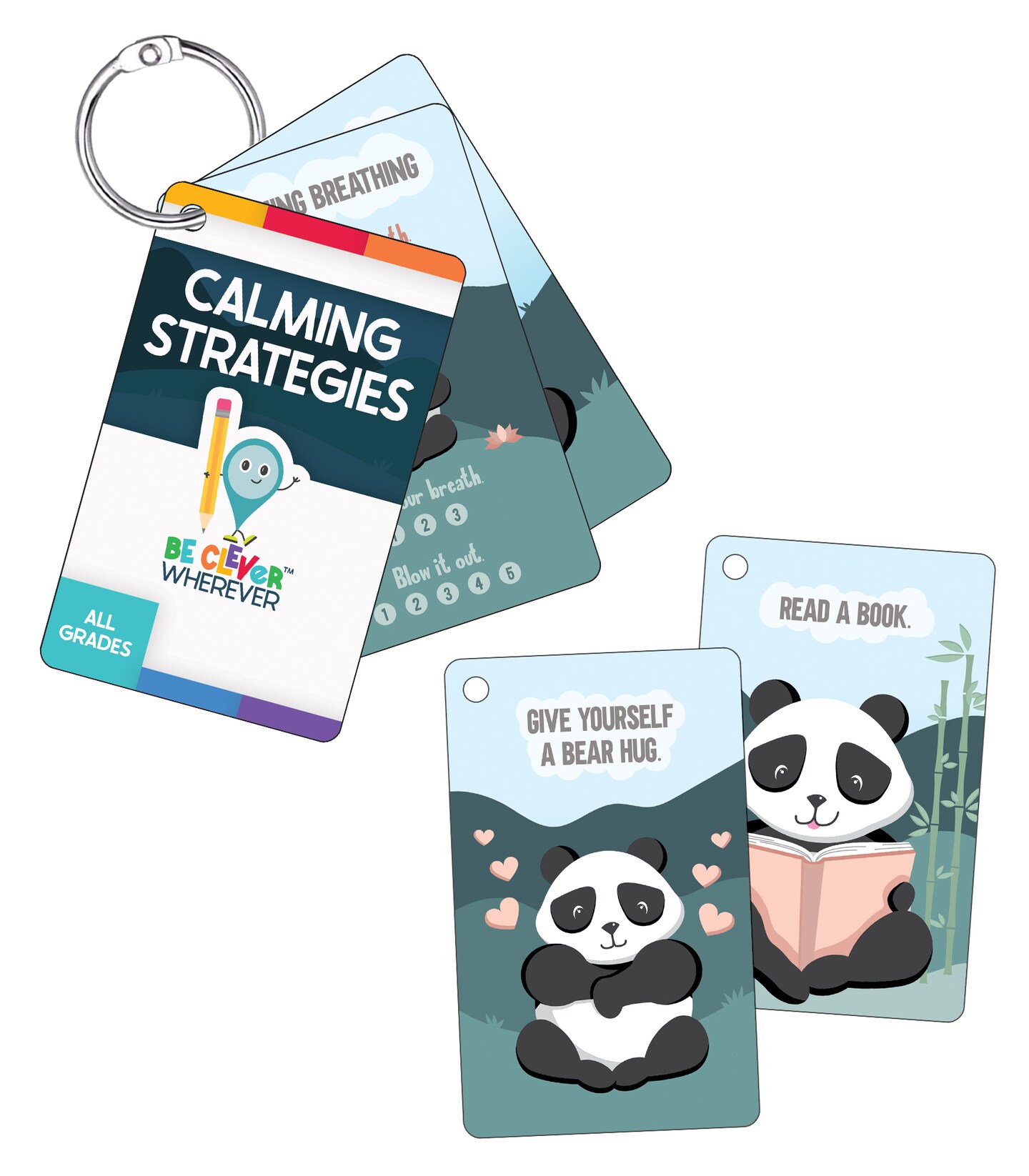 Carson Dellosa Be Clever Wherever Things on Rings Calming Strategies, PreK-Grade 5, Book Ring and Calming Strategies, Breathing Techniques, Yoga Poses, Counting Exercises Flash Cards (16 pc)