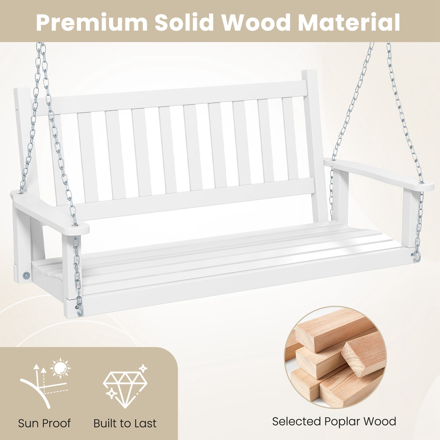 Costway 3-Person Wooden Outdoor Porch Swing Heavy Duty Patio Hanging Bench Chair Brown/White
