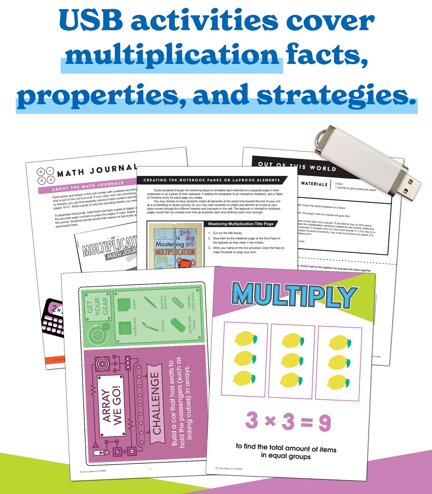In A Flash Intro to Multiplication Instructional Resources&#x2014;Flash Drive With Math Lessons, Journal, Flash Cards, Templates, Posters, Charts, Games for Learning Times Tables, Grades 2-3 (236 pgs)