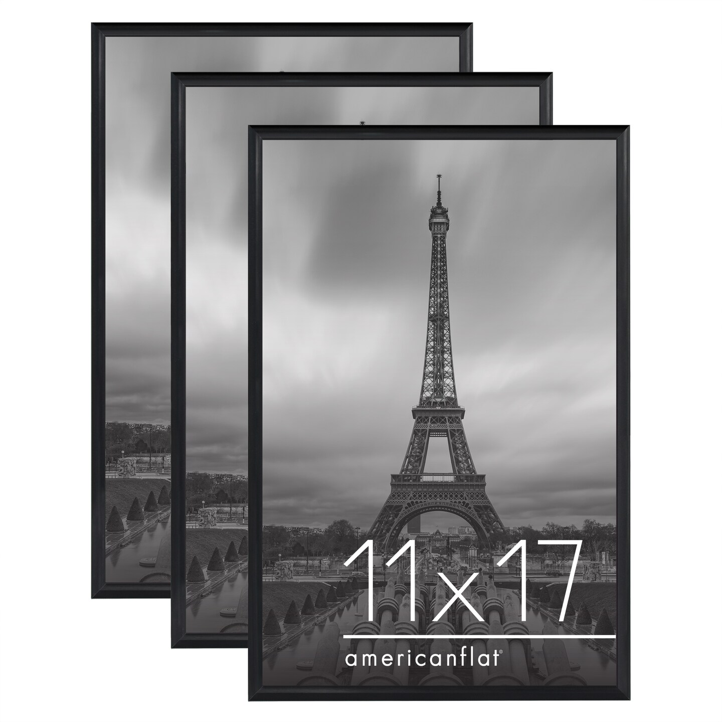 Americanflat Snap-In Picture Frame in Black - Set of 3 - Poster Frame with Slimline Molding, Plexiglass Cover, and Hanging Hardware - Black