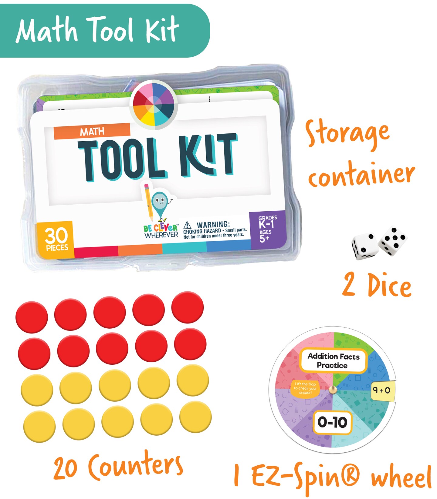 Carson Dellosa 30-Piece Be Clever Wherever K-1 Mathematics Tool Kit, Sticker Chart, Addition Spin Wheel, Dice Game, Counter, and More Math Manipulatives, Kindergarten and 1st Grade Learning Activities