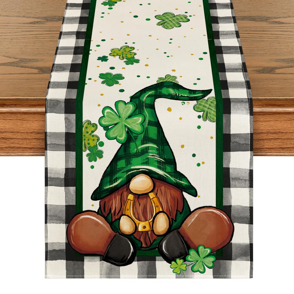 Artoid Mode Buffalo Plaid Shamrock Gnome St. Patrick&#x27;s Day Table Runner, Seasonal Spring Holiday Kitchen Dining Table Decoration for Indoor Outdoor Home Party Decor 13 x 72 Inch