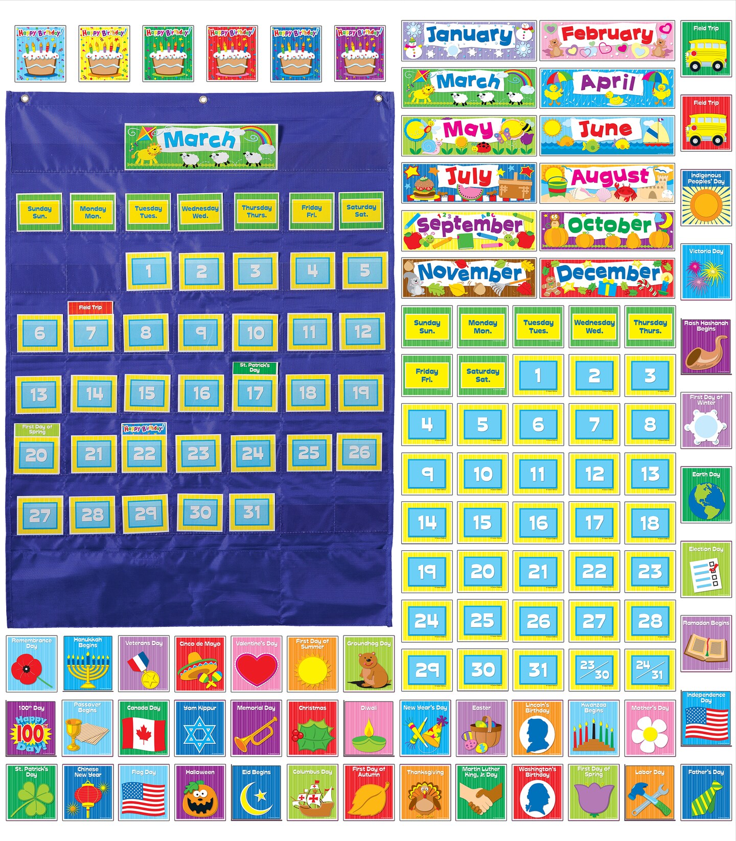 Carson Dellosa 25&#x22; x 35&#x22; Deluxe Calendar Pocket Chart,  Monthly Calendar Pocket Chart for Classroom with Day, Week, Holiday Cards and Storage Pouches and More