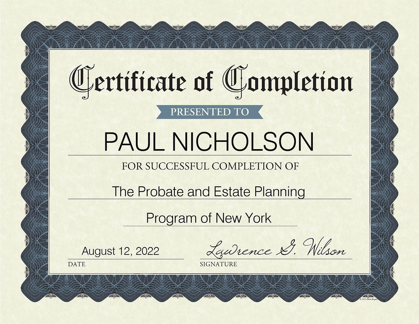 Great Papers! Certificate of Completion Fill-In, Stone Blue Border, 8.5&#x22; x 11&#x22;, Printer Compatible, 15 count